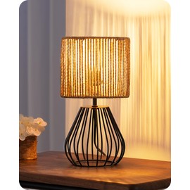 EDISHINE Small Industrial Table Lamp, Modern Bedside Lamp, Handwoven Stripe Paper Lampshade, Metal Waterdrop Cage, Boho Nightstand Light for Living Room, End Table, Office, 2700K G45 LED Included