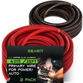 GearIT 4 Gauge Wire (25ft Each- Black/Red Translucent) Copper Clad Aluminum CCA - Primary Automotive Wire Power/Ground, Battery Cable, Car Audio Speaker, RV Trailer, Amp, Electrical 4ga AWG 25 Feet