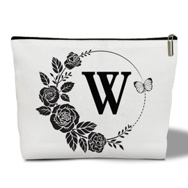 Initial Makeup Bag, Women Floral Travel Cosmetic Bag with Zipper, Monogrammed Wedding Gifts for Bridesmaid Bride, Gift For Mom, Sister, Friend, Teacher, Daughter, Portable Toiletry Pouch -Letter W