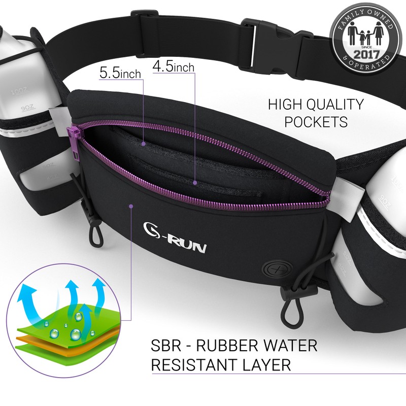 Q-RUN Running Hydration Belt, Purple, Medium 25-33 inches, 10 Oz