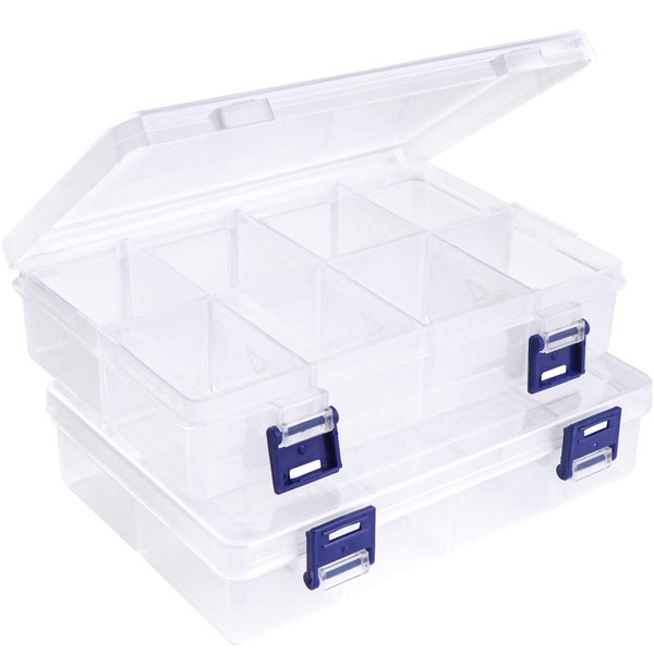 Lamondre Pack of 2 Compartments Storage Box with 8 Large Compartments, Plastic Storage Box, Adjustable Assortment Box, Clear Sorting Boxes for Jewellery, Earrings, Small Parts