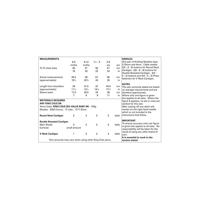 King Cole 5140 Knitting Pattern Baby Child Cardigans Big Value