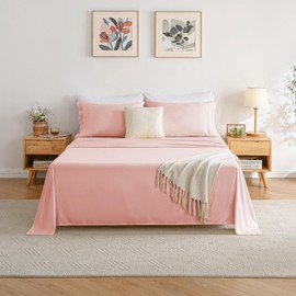 Full Size Bed Sheets Set, Pink Cooling Hypoallergenic Microfiber Double Bed Sheets, Soft Oeko-Tex Extra Deep Pocket Sheets & Pillowcases Wrinkle Free Bedsheets