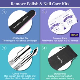 CANVALITE Polish Remover Kit-30pcs Nail Polish Remover Pads Non-Acetone with Nail File and Cuticle Pusher,Easy Polish Remover in 5-10 minutes for Home & Travel,No Damage to Nails