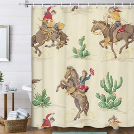 VeiVian Western Cowboy Shower Curtain, Western Cowboy Riding Horse in Wild Tropical Cactus Desert Shower Curtain for Bathroom, Fabric Polyester Farmhouse Shower Curtain 12PCS Hooks 70X70IN