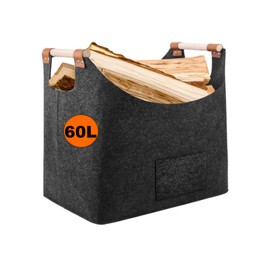 XXL Wood Basket for Firewood, Extra Thick Felt and Reinforced Handle, Wooden Basket, Felt Bag, Foldable Also as a Shopping Basket, Car & Storage Basket for Wood, Newspapers, Firewood (Normal)
