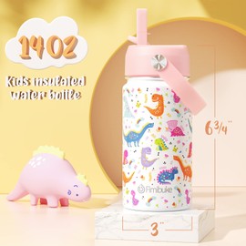 Fimibuke Kids Insulated Water Bottle - 14oz BPA-FREE 18/8 Stainless Steel Travel Tumbler Double Wall Vacuum Leak Proof Cup with Straw Metal Bottle for School Boys Girls(1 Pack, WHITE DINOSAUR)