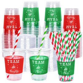 JarThenaAMCS 50 Pcs 12oz Christmas Plastic Cups with Lids and Straws Red Green Team Naughty or Nice Xmas Disposable Party Cups for Beverages Drinks Holiday Party Supplies