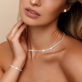 DIBOLA Tennis Necklaces for Women, Silver Jewelry Set Dainty Rhinestone Choker Necklace and Earring Sets for Women Wedding Jewelry Sets for Brides Silver Bridal Prom Jewelry Set Accessories