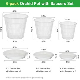 MYITYARD 6 Pack Orchid Pots Set, 2 Each of 4.3, 5.5 & 6.3 Inch Plant Pot with Drainage Holes and Saucers, Clear Plastic Flower Planters for Dendrobium, Phalaenopsis