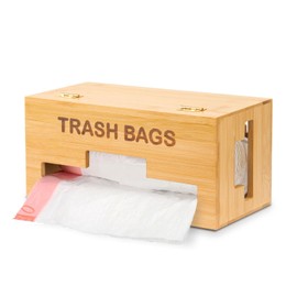 WHOMASS Bamboo Trash Bag Holder Dispenser with Handles Garbage Bag Holder Kitchen Laundry Trash Bag Organizer, Compatible with Standard Trash Bag Rolls, Wall Mounted or on Countertop