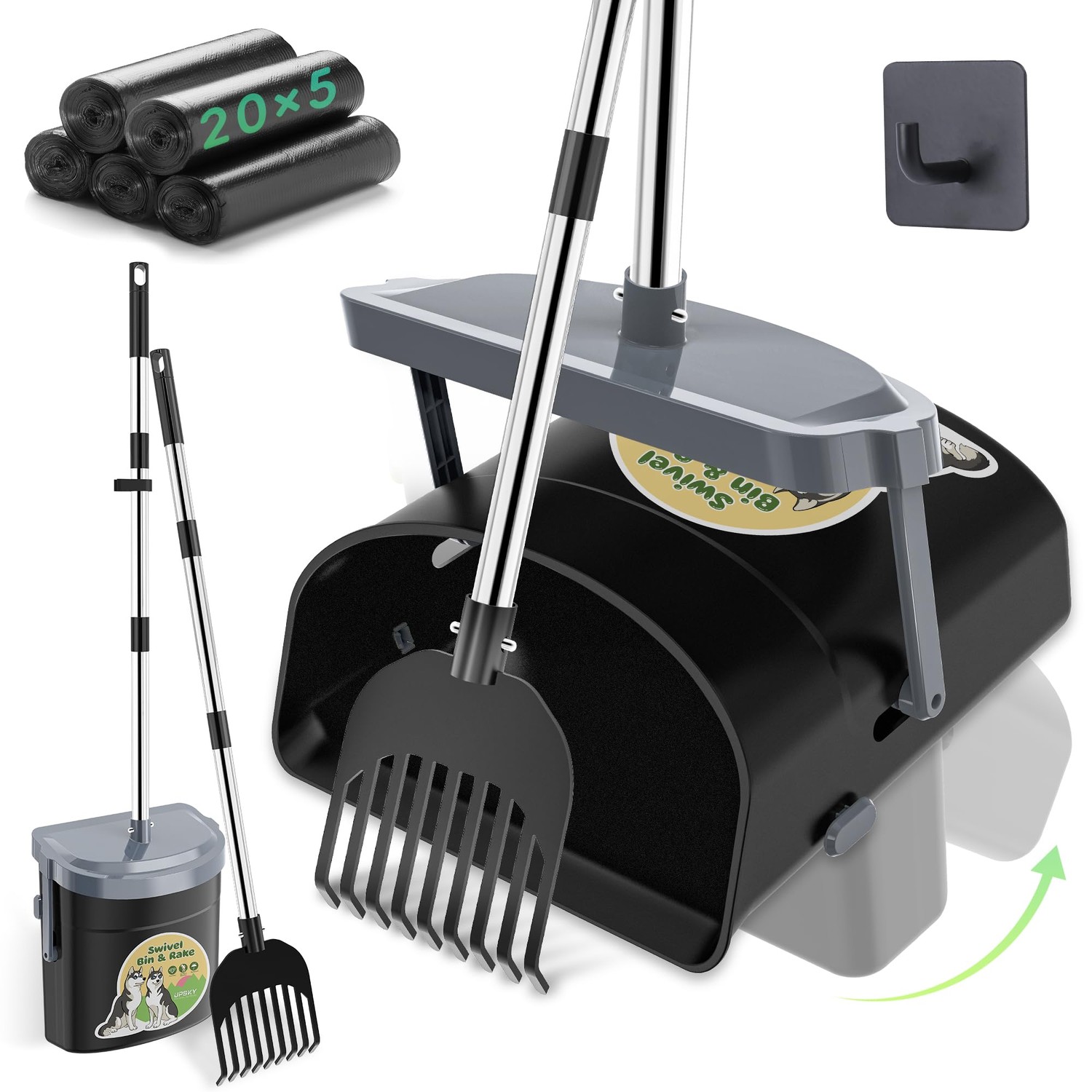 UPSKY Dog Pooper Scooper Swivel Bin & Rake Kit with 100 Waste Bags, 33. ...