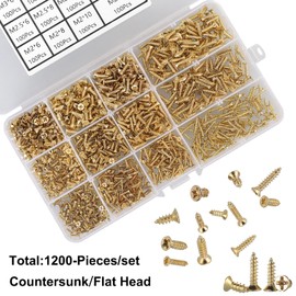 FandWay 1200Pcs M2 M2.5 M3 Phillips Flat Head Self-Tapping Screws, Golden Plated Carbon Steel Countersunk Head Tapping Screws,Wood Screws Assortment Set with Storage Box.