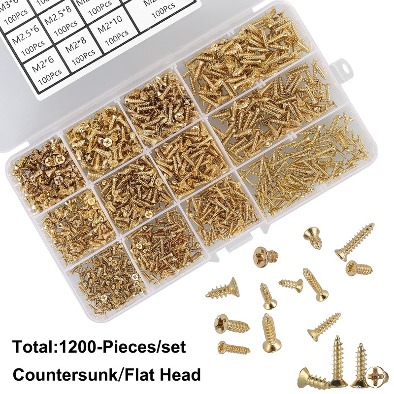 FandWay 1200Pcs M2 M2.5 M3 Phillips Flat Head Self-Tapping Screws,