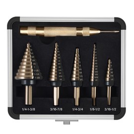 KENDO 5PCS Step Drill Bits with Automatic Center Punch - Black and Gold, High Speed Steel Unibit Step Drill Bit Set, Total 50 Sizes HSS Titanium Step Bits for Metal, DIY Lovers with Aluminum Case