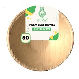 U'reca Organics Eco-Friendly Palm Leaf Bowls | 2.5" (6 cm) Round Bowl - Pack of 50 | Disposable, Compostable & Biodegradable Dinnerware | Perfect for Condiments, Small Bites, or Dips