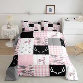 Manfei Pink Camouflage Comforter Set Queen Size, Wild Animal Deer Antlers Print Quilt Set with 2 Pillowcases, Pink Black White Grid Plaid Camo Print Bedding Set 3pcs for Kids Girls Room Decor