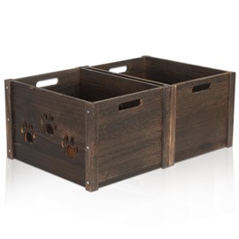 ROSOS Wooden Crates, Farmhouse Wooden Crates for Storage with Handles & Carved Paw Patten, Solid Wood Crates for Display, Durable & Handmade Large Wooden Crate, Wooden Boxes for Decor, 2 Pack, Brown