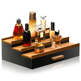 Sephyroth 3 Tier Wooden Cologne Organizer for Men - Elevated Display Shelf with Drawer Storage for Perfumes, Great Gift for Man (Black Walnut)