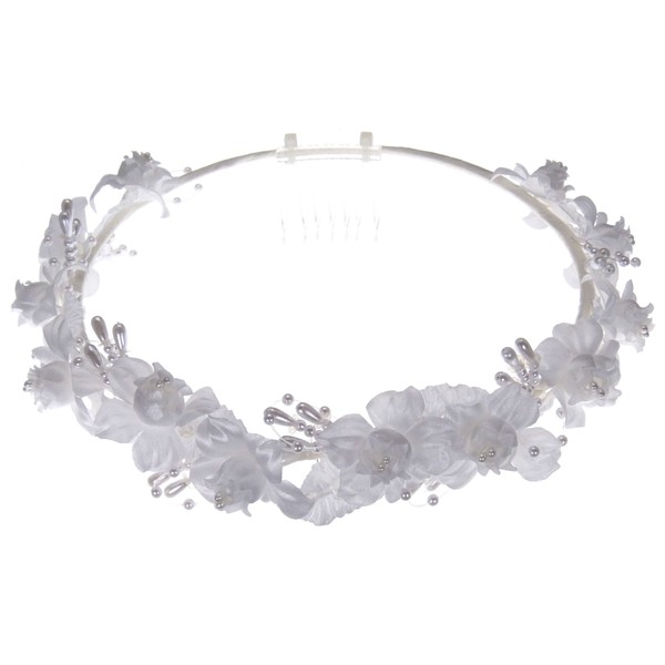 Lovely Silk Flower Wreath Adorned with Wired Pearl Ornaments, and Sequins for Wedding and Communions #88EG (WHITE)