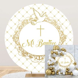 OERJU 7.2x7.2ft Mi Bautizo Round Backdrop First Holy Communion Baptism Christening White Photography Background Circle Backdrop Cover Newborn Baby Shower Party Decoration Photo Booth Props