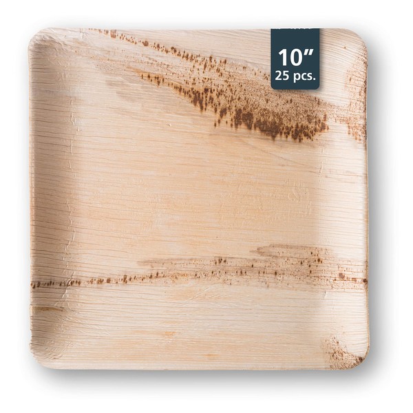 TheClearConscience - Palm Leaf Dinner Plates, 10" x 10" square, 25 Plates, Bamboo & Wood Style, Biodegradable & Disposable