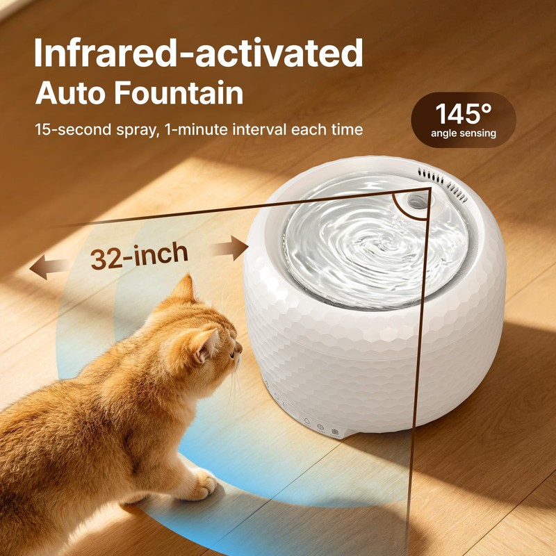 Petsuper Red Dot Award Wireless Cat Water Fountain 1.8L/60oz, 145°