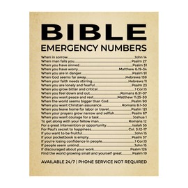 Bible Emergency Numbers – Christian Wall Decor Print, Vintage Inspirational Faith Art for Living Room, Office, Church, or Room Decor (Natural Oak Framed, 11 x 14 inches)