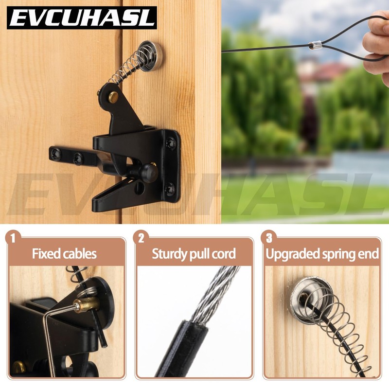 Self Locking Gate Latch with Spring Cable Pull, Heavy Duty