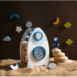 Rocket Ship Toy, Kids' Pretend Play Set with Astronaut Figure, Rocks, and Celestial Shapes, Plastic, Blue and Tan