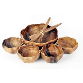 PACIFIC MERCHANTS Acacia Wood 7-Piece Round Flared 10" x 4" Salad Bowl Set with 6" x 3" Sustainable, Eco-Friendly Salad Bowls and Servers