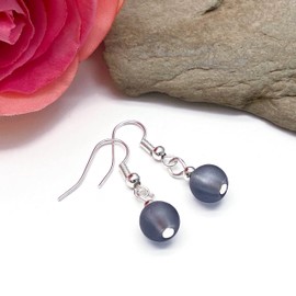 Frosted BLACK Glass Bead Earrings - Matte 8mm Round Beads on Nickel Free Hooks : 32mm