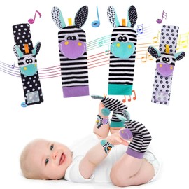 Baby Wrist and Ankle Rattles Toys, 4 PCS Baby Toys Include 2 PCS Wrist Rattles and 2 Rattle Socks, Newborn Baby Sensory Toys 0-6 Months, Color High Contrast Baby Toys for Infant Development