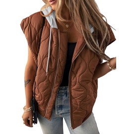 EVALESS Oversized Puffer Vest Woman Cropped Hooded Zip Up Quilted Vests Outerwear 2025 Casual Sleeveless Jackets Coat Outfits with Pockets Plus Size Brown XX-Large