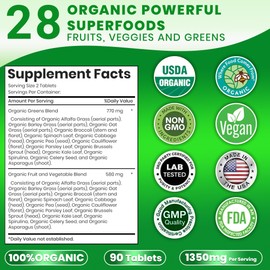 Organic Superfoods Greens Tablets-Fruits Veggies Supplement-28 Powerful Natural Ingredients Rich in Vitamins & Antioxidants Alfalfa, Beet Root, Immune & Energy Support 90 Tablets 45 Days Supply