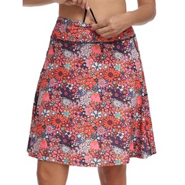 KORALHY Golf Skorts for Women with 4 Pockets 20" Knee Length Skirts Tennis Athletic Casual Skorts with Shorts Orange Pink Flowers XL