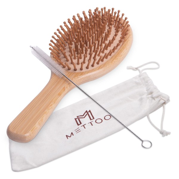 Mettoo Bamboo Hair Brush for Detangling Thick and Curly Hair Bamboo Handle with Rounded Wooden Bristles Reusable Natural Brush with Bamboo Bristles For Naturally Beautiful Hair