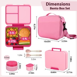 Kids Bento Lunch Box Set with 9.5oz Soup Thermo, Leak-Proof Lunch Food Containers with 3 Compartment and Removable Inner Tray, Insulated Hot Food Jar with Lunch Bag for School, Office, Pink