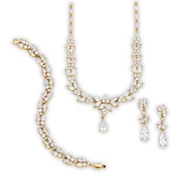 Ladorn Jewelry Set for Women, Dangle Earrings Necklace Bracelet Set, White Gold Plated Jewelry Set with White Cubic Zirconia, Statement Jewelry for Weddings (Gold)