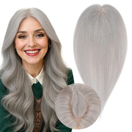 SEGOHAIR Real Human Hair Toppers for Women 3.54"*4.72" Silky Base 150% Density No Bangs Adjustable Parting Clip-In Topper Hairpieces for Women with Thinning Hair 10 Inches Silver Grey