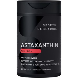 Sports Research Triple Strength Astaxanthin Supplement from Algae - Made with Coconut Oil, Non-GMO Verified & Gluten Free - 12mg - 120 Veggie Softgels