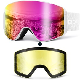 Odoland Ski Goggles for Men and Women Boys Ski Goggles Anti-Fog UV Protection with Magnetic Interchangeable Lens Snowboard Goggles Helmet Compatible for Snowboard Skiing White Pink