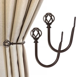 2 Pack Bronze Curtain Holdbacks, USFOOK Decorative Window Drapery Tiebacks (2 Pack/1 Pair), Curtain Tie Back Hooks for Wall with Twisted Cage Finials (3.45" L x 5.35" W)