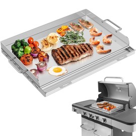 Stainless Steel Griddle for Gas Grill - 17" x 13" Universal Flat Top Cooking Griddle with Removable Grease Tray, Griddle Plate for Gas/Charcoal Grills, Camping, Tailgating, and Parties