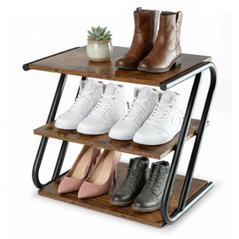 RUNJIMY 3-Tier Shoe Rack, Rustic Wood Look Shoe Organizer with Metal Frame, Space-Saving for Entryway, Hallway, Bedroom (17.32" L x 11.93" W x 15.75" H)