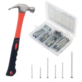 HANLATO 400Pcs Hardware Nails Assortment Kit, Small Nails for Hanging Pictures with Small Hammer, Picture Hanging Nails, Wall Nails, Wood Nails, Mini Hammer Set with Hardware Nails Assorted Set