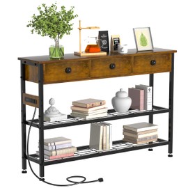 GRLEAF 47" Console Table with Outlets & USB Ports – Narrow Entryway Table with 3 Drawers and Storage Shelves, Power Strip Sofa Table for Living Room, Hallway, Kitchen, Foyer – Rustic Brown Wood Finish