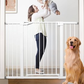 Papacare 36" Extra Tall and Wide Baby Gate for Stairs Doorways - Pressure Mounted Metal Pet Gate with Double Safety Lock - Easy Walk Through Indoor Doggie Gate,White