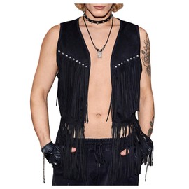 GORGLITTER Men's Fringe Western Vest Open Front Cowboy Vest Jacket 70s Outfits Tassel Tops Black Medium