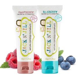 Jack N' Jill Pasta de dientes natural para niños, arándanos y frambuesa, orgánica, sin gluten, vegana, sin BPA, sin flúor, sin SLS, sin lácteos, hace que el cepillado de dientes sea divertido para los niños, 1.7 onzas (paquete de 2)